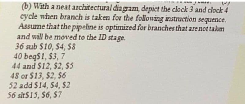 (b) With a neat architectural diagram, depict the clock 3 and clock 4
cycle when branch is taken for the following instruction sequence.
Assume that the pipeline is optimized for branches that are not taken
and will be moved to the ID stage.
36 sub $10, $4, $8
40 beq$1, $3,7
44 and $12, $2, $5
48 or $13, $2, $6
52 add $14, $4, $2
56 slt$15, S6, $7
