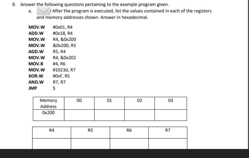 9. Answer the following questions pertaining to the example program given.
а.
After the program is executed, list the values contained in each of the registers
and memory addresses shown. Answer in hexadecimal.
MOV.W #Ox01, R4
#Ox18, R4
R4, &0x200
ADD.W
MOV.W
MOV.W
&0x200, R5
ADD.W
R5, R4
MOV.W
R4, &0x202
MOV.B
#4, R6
MOV.W #1023d, R7
#OxF, R5
XOR.W
AND.W
R7, R7
JMP
Memory
00
01
02
03
Address
Ox200
R4
R5
R6
R7
