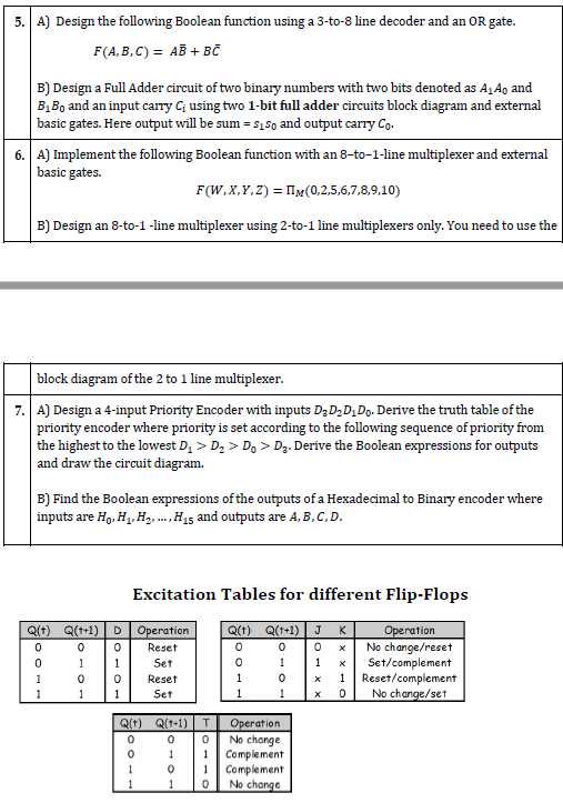 5. A) Design the following Boolean function using a 3-to-8 line decoder and an OR gate.
F(A,B,C) = AB + BC
B) Design a Full Adder circuit of two binary numbers with two bits denoted as A₁40 and
B₂Bo and an input carry C; using two 1-bit full adder circuits block diagram and external
basic gates. Here output will be sum=s₁s and output carry Co.
6. A) Implement the following Boolean function with an 8-to-1-line multiplexer and external
basic gates.
F(W,X,Y,Z) = IIM (0,2,5,6,7,8,9,10)
B) Design an 8-to-1 -line multiplexer using 2-to-1 line multiplexers only. You need to use the
block diagram of the 2 to 1 line multiplexer.
7. A) Design a 4-input Priority Encoder with inputs D₂ D₂ D₂ Do. Derive the truth table of the
priority encoder where priority is set according to the following sequence of priority from
the highest to the lowest D₁ > D₂ > D₁ > D₂. Derive the Boolean expressions for outputs
and draw the circuit diagram.
B) Find the Boolean expressions of the outputs of a Hexadecimal to Binary encoder where
inputs are Ho, H₁, H₂, ...,H₁5 and outputs are A, B, C, D.
Excitation Tables for different Flip-Flops
Q(+) Q(++1)
D Operation
Q(†)_Q(t+1) JK
Operation
0
0
0
0
Reset
Set
0x
1 X
No change/reset
Set/complement
1 1
0
0
0 Reset
1
1 Reset/complement
1
1
Set
1
0 No change/set
Q(+1)
T
Operation
0
0
No change
1
1
Complement
Complement
0
1
1 0
No change
THOOK
0
0
1
Q(t)
0
0
1
1
1
0
1
OXX