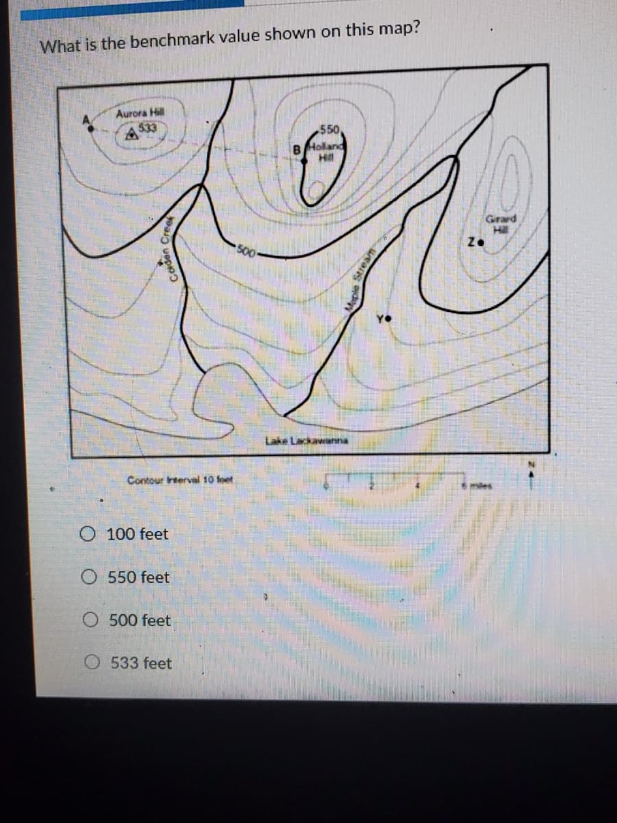 What is the benchmark value shown on this map?
Aurora Hill
533
550
BHalland
Grard
Lake Lackawarnna
Contour Interv 10 koet.
O 100 feet
O 550 feet
500 feet
O 533 feet
