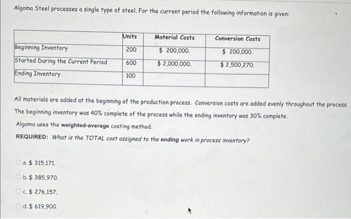 Algoma Steel processes a single type of steel. For the current period the following information is given:
Units
Material Costs
Conversion Costs
Beginning Inventory
$ 200,000.
200
$ 200,000.
Started During the Current Period
600
$2,000,000.
$2,500,270.
Ending Inventory
100
All materials are added at the beginning of the production process. Conversion costs are added evenly throughout the process.
The beginning inventory was 40% complete of the process while the ending inventory was 30% complete.
Algoma uses the weighted-average costing method.
REQUIRED: What is the TOTAL cost assigned to the ending work in process inventory?
Oa.$ 315,171.
Ob.$ 385,970.
Oc$ 276,157.
d. $ 619,900.
