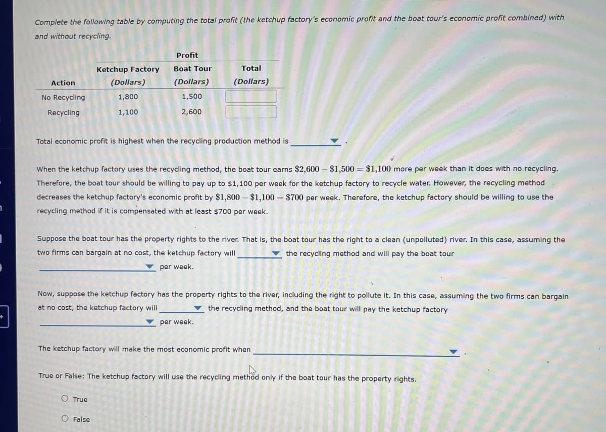 י
Complete the following table by computing the total profit (the ketchup factory's economic profit and the boat tour's economic profit combined) with
and without recycling.
Ketchup Factory
Profit
Boat Tour
Total
Action
(Dollars)
(Dollars)
(Dollars)
No Recycling
Recycling
1,800
1,500
1,100
2,600
Total economic profit is highest when the recycling production method is
When the ketchup factory uses the recycling method, the boat tour earns $2,600 - $1,500 = $1,100 more per week than it does with no recycling.
Therefore, the boat tour should be willing to pay up to $1,100 per week for the ketchup factory to recycle water. However, the recycling method
decreases the ketchup factory's economic profit by $1,800 $1,100 = $700 per week. Therefore, the ketchup factory should be willing to use the
recycling method if it is compensated with at least $700 per week.
Suppose the boat tour has the property rights to the river. That is, the boat tour has the right to a clean (unpolluted) river. In this case, assuming the
two firms can bargain at no cost, the ketchup factory will
the recycling method and will pay the boat tour
per week.
Now, suppose the ketchup factory has the property rights to the river, including the right to pollute it. In this case, assuming the two firms can bargain
at no cost, the ketchup factory will
the recycling method, and the boat tour will pay the ketchup factory
per week.
The ketchup factory will make the most economic profit when
True or False: The ketchup factory will use the recycling method only if the boat tour has the property rights.
○ True
False