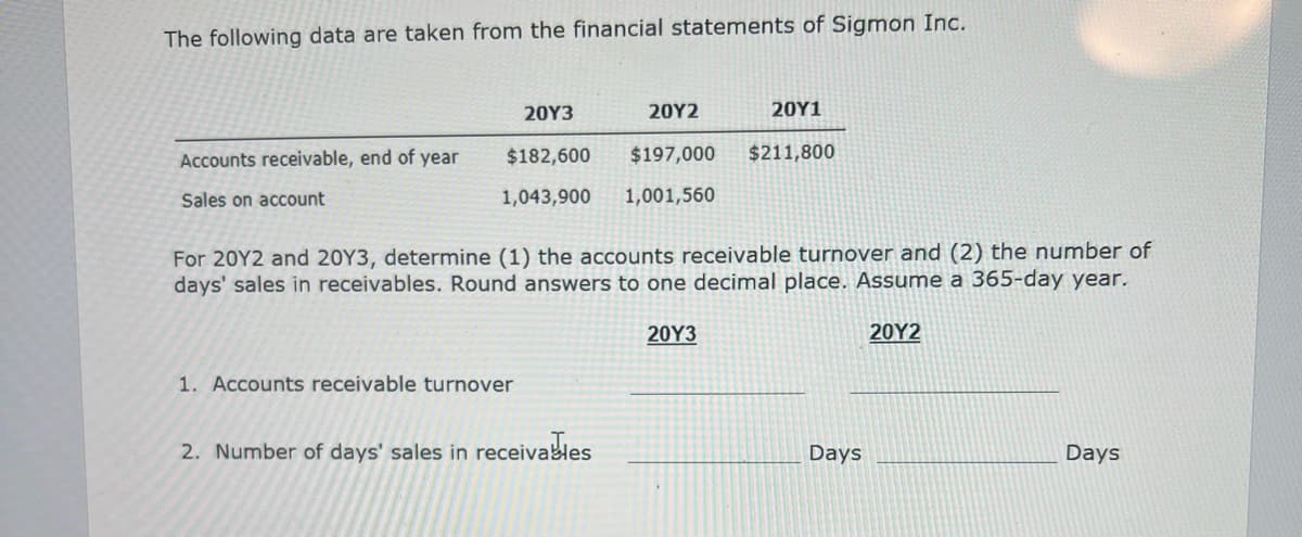 The following data are taken from the financial statements of Sigmon Inc.
Accounts receivable, end of year
Sales on account
20Y2
$182,600
$197,000
1,043,900 1,001,560
20Y3
1. Accounts receivable turnover
For 20Y2 and 20Y3, determine (1) the accounts receivable turnover and (2) the number of
days' sales in receivables. Round answers to one decimal place. Assume a 365-day year.
20Y2
2. Number of days' sales in receivables
20Y1
20Y3
$211,800
Days
Days