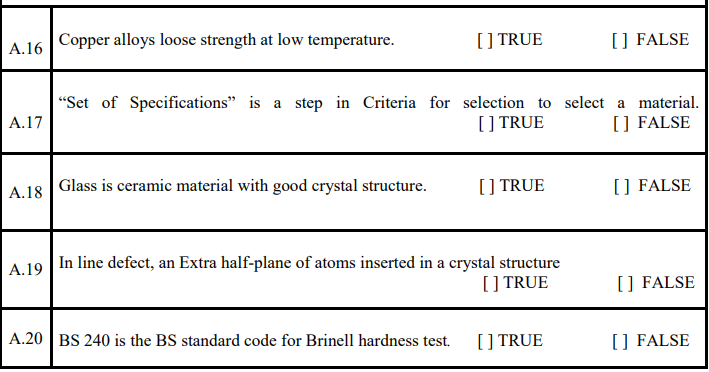 Copper alloys loose strength at low temperature.
[ ] TRUE
[] FALSE
A.16
"Set of Specifications" is a step in Criteria for selection to select a material.
[] FALSE
A.17
[] TRUE
Glass is ceramic material with good crystal structure.
[ ] TRUE
[] FALSE
A.18
In line defect, an Extra half-plane of atoms inserted in a crystal structure
[ ] TRUE
A.19
[) FALSE
A.20 BS 240 is the BS standard code for Brinell hardness test.
[] TRUE
[] FALSE
