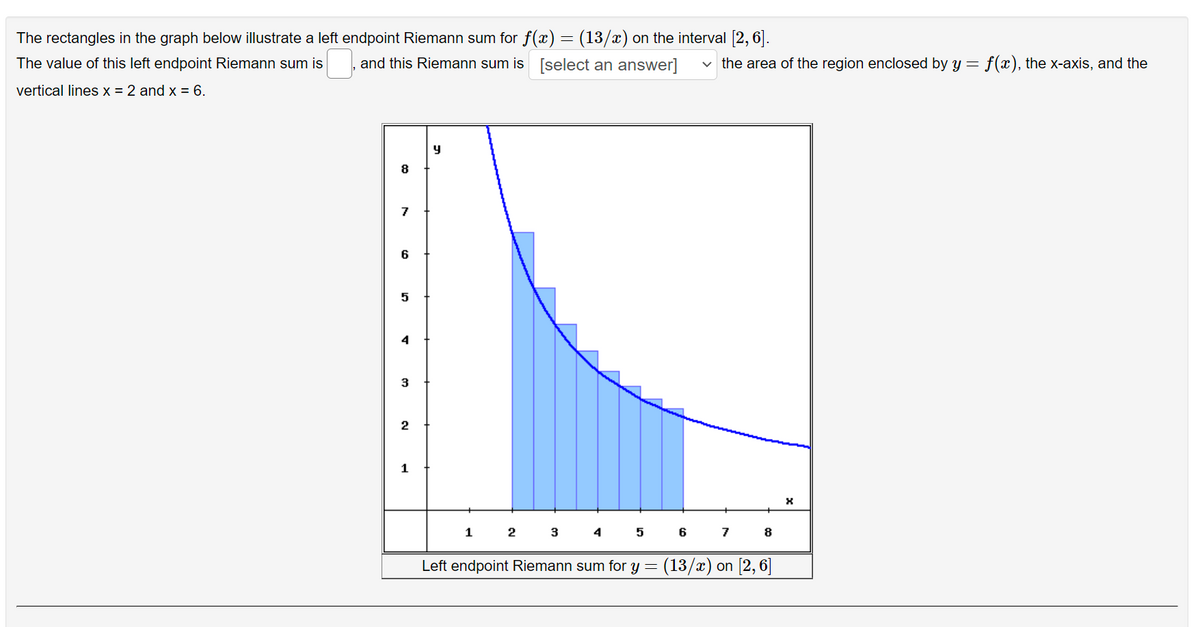 The rectangles in the graph below illustrate a left endpoint Riemann sum for f(x)= (13/x) on the interval [2, 6].
The value of this left endpoint Riemann sum is
and this Riemann sum is [select an answer]
v the area of the region enclosed by y = f(x), the x-axis, and the
vertical lines x = 2 and x = 6.
8
7
5
2
1
1
2
3
4
5
7
8
Left endpoint Riemann sum for y =
(13/x) on [2, 6]
