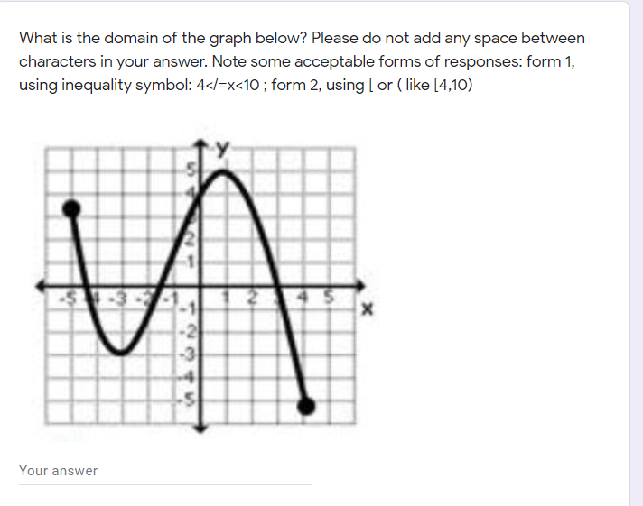 What is the domain of the graph below? Please do not add any space between
characters in your answer. Note some acceptable forms of responses: form 1,
using inequality symbol: 4</=x<10 ; form 2, using [ or (like [4,10)
4 5
-2
Your answer
