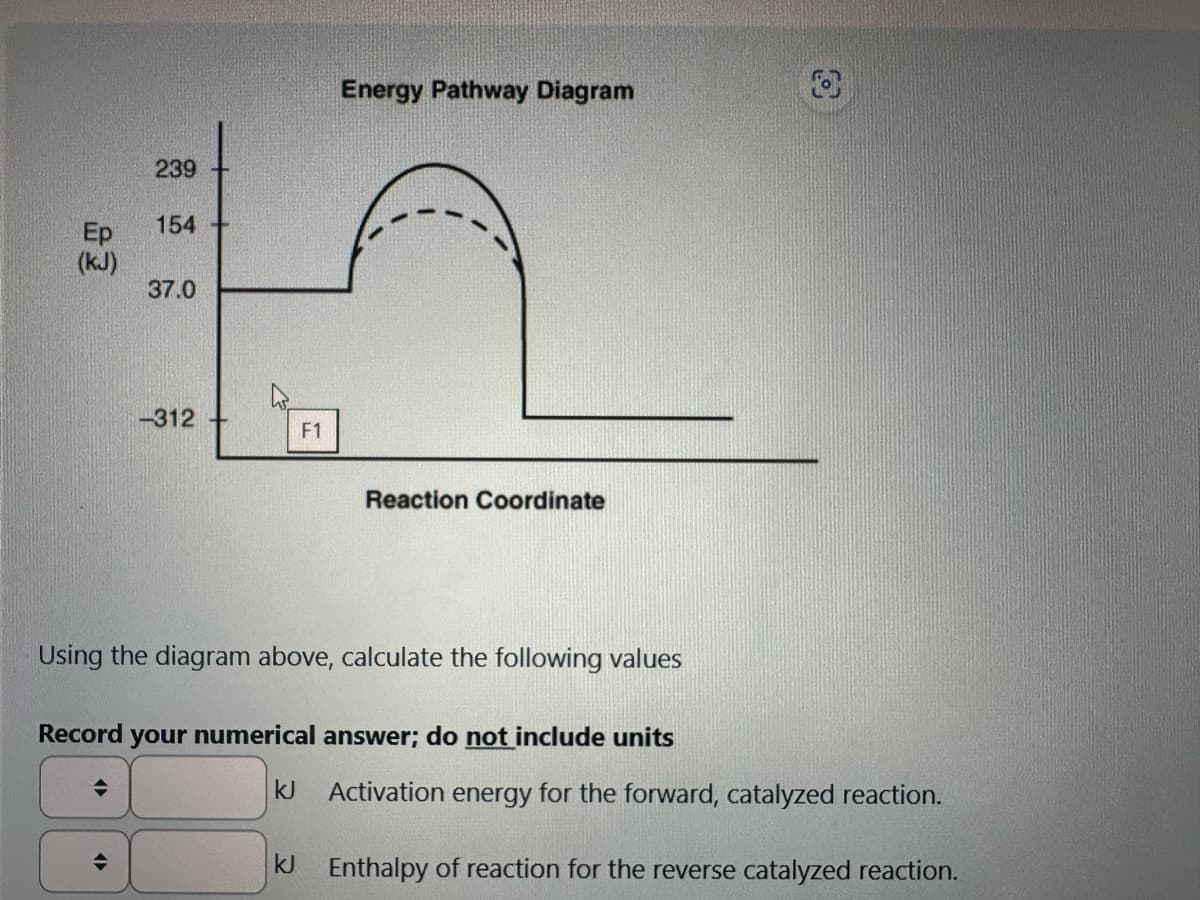 Energy Pathway Diagram
n
F1
Ep 154 +
(kJ)
239
◆
37.0
<
-312 +
Using the diagram above, calculate the following values
Record your numerical answer; do not include units
Reaction Coordinate
kJ
Activation energy for the forward, catalyzed reaction.
kJ Enthalpy of reaction for the reverse catalyzed reaction.