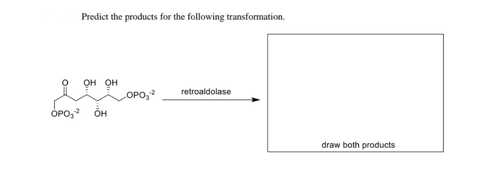 Predict the products for the following transformation.
ОН ОН
retroaldolase
LOPO, 2
ÓPO32
OH
draw both products
