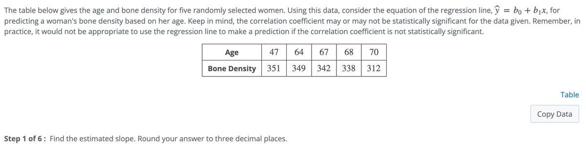 =
The table below gives the age and bone density for five randomly selected women. Using this data, consider the equation of the regression line, y bo + b₁x, for
predicting a woman's bone density based on her age. Keep in mind, the correlation coefficient may or may not be statistically significant for the data given. Remember, in
practice, it would not be appropriate to use the regression line to make a prediction if the correlation coefficient is not statistically significant.
47 64 67 6870
349 342 338
Age
Bone Density 351
Step 1 of 6: Find the estimated slope. Round your answer to three decimal places.
312
Table
Copy Data