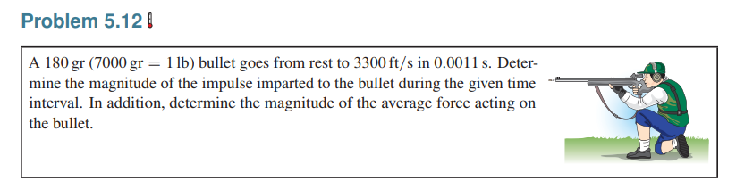 Problem 5.12
A 180 gr (7000 gr = 1 lb) bullet goes from rest to 3300 ft/s in 0.0011 s. Deter-
mine the magnitude of the impulse imparted to the bullet during the given time
interval. In addition, determine the magnitude of the average force acting on
the bullet.