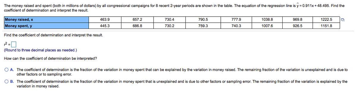 The money raised and spent (both in millions of dollars) by all congressional campaigns for 8 recent 2-year periods are shown in the table. The equation of the regression line is y = 0.911x +48.495. Find the
coefficient of determination and interpret the result.
Money raised, x
463.9
657.2
730.4
790.5
777.9
1038.8
969.8
1222.5
Money spent, y
445.3
686.8
730.2
759,3
740.3
1007.6
926.5
1151.8
Find the coefficient of determination and interpret the result.
(Round to three decimal places as needed.)
How can the coefficient of determination be interpreted?
O A. The coefficient of determination is the fraction of the variation in money spent that can be explained by the variation in money raised. The remaining fraction of the variation is unexplained and is due to
other factors or to sampling error.
O B. The coefficient of determination is the fraction of the variation in money spent that is unexplained and is due to other factors or sampling error. The remaining fraction of the variation is explained by the
variation in money raised.
