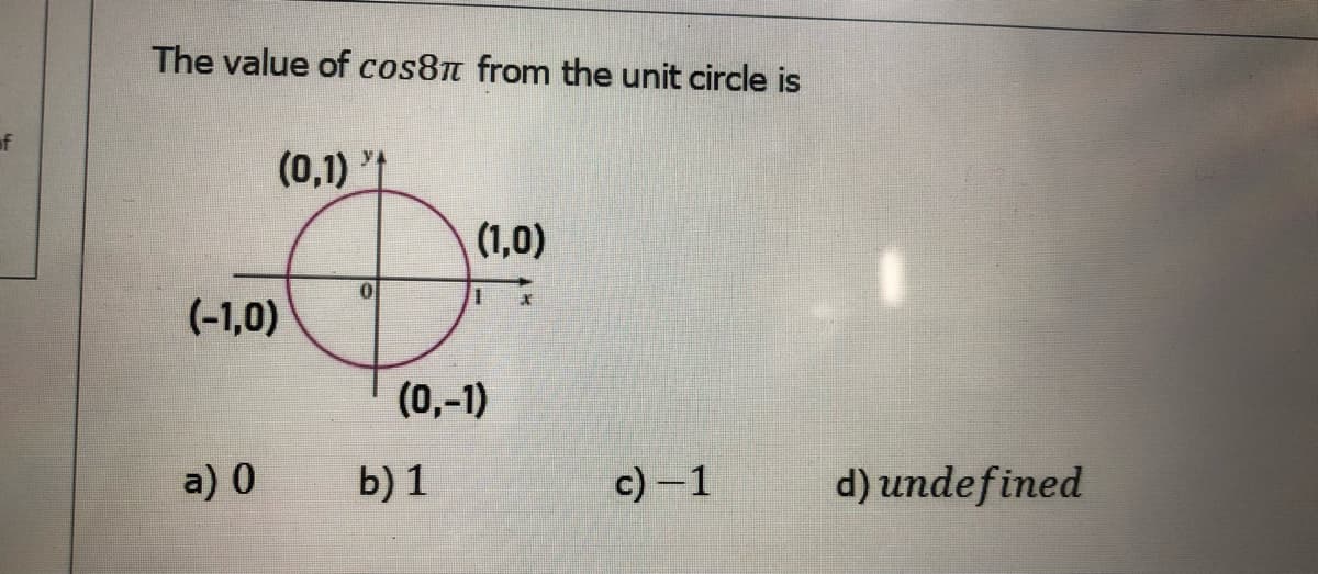 The value of cos8n from the unit circle is
of
y A
(0,1)
(1,0)
(-1,0)
(0,-1)
a) 0
b) 1
c) – 1
d) undefined
