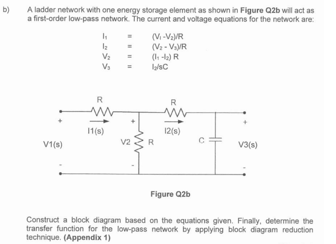 b)
A ladder network with one energy storage element as shown in Figure Q2b will act as
a first-order low-pass network. The current and voltage equations for the network are:
(Vi -V2)/R
(V2 - V3)/R
(I1 -l2) R
I2/sC
12
V2
V3
R
R
11(s)
12(s)
V1(s)
V2
R
V3(s)
Figure Q2b
Construct a block diagram based on the equations given. Finally, determine the
transfer function for the low-pass network by applying block diagram reduction
technique. (Appendix 1)
