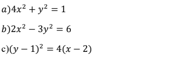 a) 4x² + y² = 1
b)2x² - 3y² = 6
c)(y − 1)² = 4(x - 2)
-