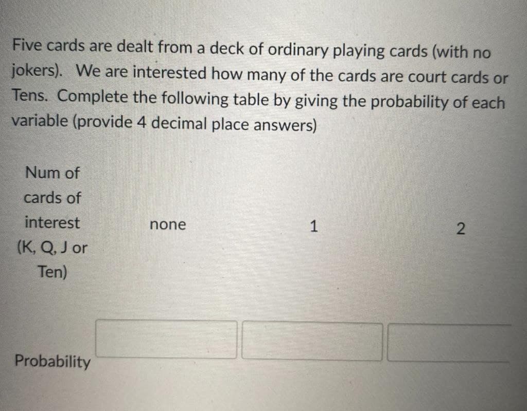 Five cards are dealt from a deck of ordinary playing cards (with no
jokers). We are interested how many of the cards are court cards or
Tens. Complete the following table by giving the probability of each
variable (provide 4 decimal place answers)
Num of
cards of
interest
none
1
(K, Q, J or
Ten)
Probability
2.
