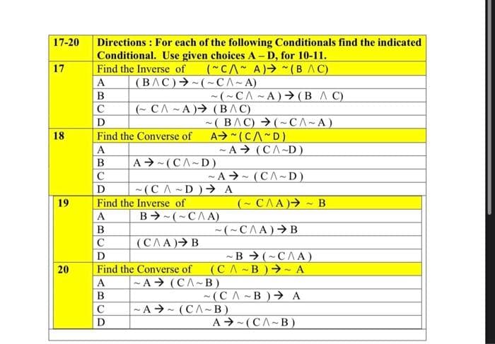 17-20
17
18
19
20
Directions: For each of the following Conditionals find the indicated
Conditional. Use given choices A-D, for 10-11.
Find the Inverse of
(~CA~ A) ~(BAC)
A
B
C
D
Find the Converse of
A
B
C
D
(BAC)-(~CA-A)
C
D
(~CA~A) (BAC)
Find the Inverse of
~(~CA~A) → (BAC)
A-(CA~D)
~(CAD) → A
A
B
с
D
Find the Converse of
A
B
~(BAC) (~CA~A)
A~(CAD)
-A (CA-D)
(CAA) B
B~(~CAA)
~A~(CA~D)
~(~CAA) B
(~CAA)→ B
~B(~CAA)
(CAB) A
~(CAB)→ A
-A (CA~B)
~A~(CA-B)
A
(CAB)