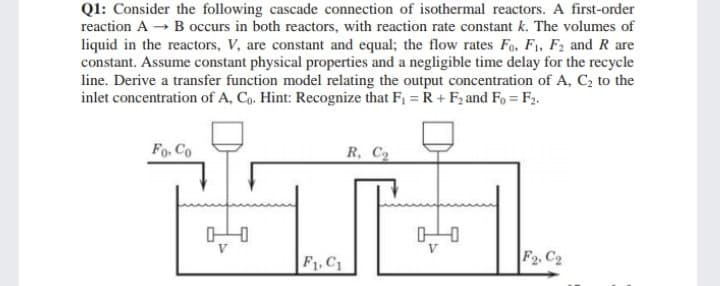 Q1: Consider the following cascade connection of isothermal reactors. A first-order
reaction A → B occurs in both reactors, with reaction rate constant k. The volumes of
liquid in the reactors, V, are constant and equal; the flow rates Fo, F1, F2 and R are
constant. Assume constant physical properties and a negligible time delay for the recycle
line. Derive a transfer function model relating the output concentration of A, C2 to the
inlet concentration of A, Co. Hint: Recognize that F = R + F; and Fo = F2.
Fo. Co
R, C2
F1, C1
F2. C2
