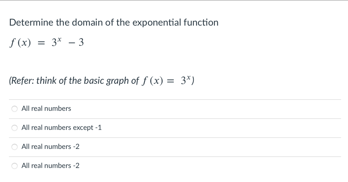 Determine the domain of the exponential function
f (x)
= 3* – 3
(Refer: think of the basic graph of f (x) = 3*)
All real numbers
All real numbers except -1
All real numbers -2
All real numbers -2
