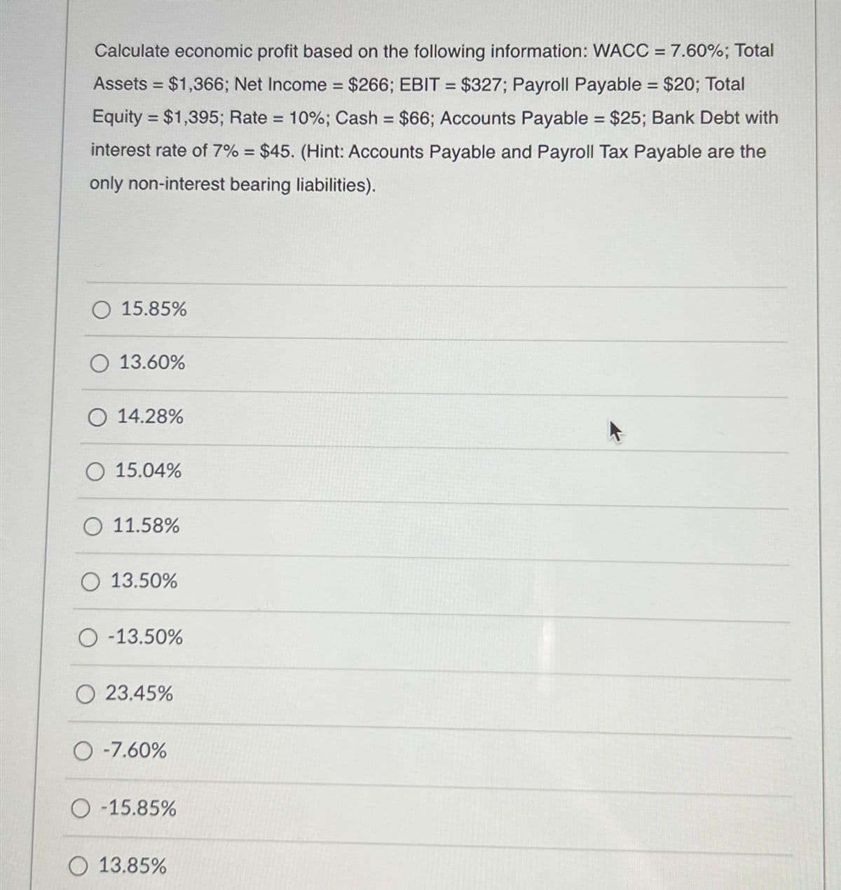 Calculate economic profit based on the following information: WACC = 7.60%; Total
Assets = $1,366; Net Income = $266; EBIT = $327; Payroll Payable = $20; Total
Equity = $1,395; Rate = 10%; Cash = $66; Accounts Payable = $25; Bank Debt with
interest rate of 7% = $45. (Hint: Accounts Payable and Payroll Tax Payable are the
only non-interest bearing liabilities).
O 15.85%
O 13.60%
O 14.28%
O 15.04%
O 11.58%
O 13.50%
O-13.50%
O 23.45%
O -7.60%
O-15.85%
O 13.85%