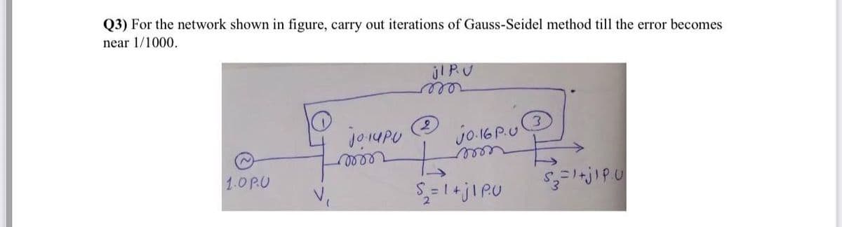 Q3) For the network shown in figure, carry out iterations of Gauss-Seidel method till the error becomes
near 1/1000.
ele
joupu
jo.16P.U
eee
1.0PU
S,= 1+jl PU
