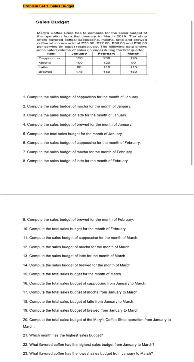 Problem Set 1. Sales Budget
Sales Budget
Mary's Coffee Shop has to compute for the sales budget of
the operation from the January to March 2019. The shop.
offers flavored coffee: cappuccino, mocha, latte and brewed
coffee which are sold at P75.00, P72.00, P80.00 and P60.00
per serving (in cups) respectively. The following data shows
anticipated volume of sales (in cups) during the first quarter.
Item
January
February
150
200
Cappuccino
Mocha
100
120
Latte
80
110
Brewed
175
150
March
195
90
115
180
1. Compute the sales budget of cappuccino for the month of January.
2. Compute the sales budget of mocha for the month of January.
3. Compute the sales budget of latte for the month of January.
4. Compute the sales budget of brewed for the month of January.
5. Compute the total sales budget for the month of January.
6. Compute the sales budget of cappuccino for the month of February.
7. Compute the sales budget of mocha for the month of February.
8. Compute the sales budget of latte for the month of February.
9. Compute the sales budget of brewed for the month of February.
10. Compute the total sales budget for the month of February.
11. Compute the sales budget of cappuccino for the month of March.
12. Compute the sales budget of mocha for the month of March.
13. Compute the sales budget of latte for the month of March.
14. Compute the sales budget of brewed for the month of March.
15. Compute the total sales budget for the month of March.
16. Compute the total sales budget of cappuccino from January to March.
17. Compute the total sales budget of mocha from January to March.
18. Compute the total sales budget of latte from January to March.
19. Compute the total sales budget of brewed from January to March.
20. Compute the total sales budget of the Mary's Coffee Shop operation from January to
March.
21. Which month has the highest sales budget?
22. What flavored coffee has the highest sales budget from January to March?
23. What flavored coffee has the lowest sales budget from January to March?