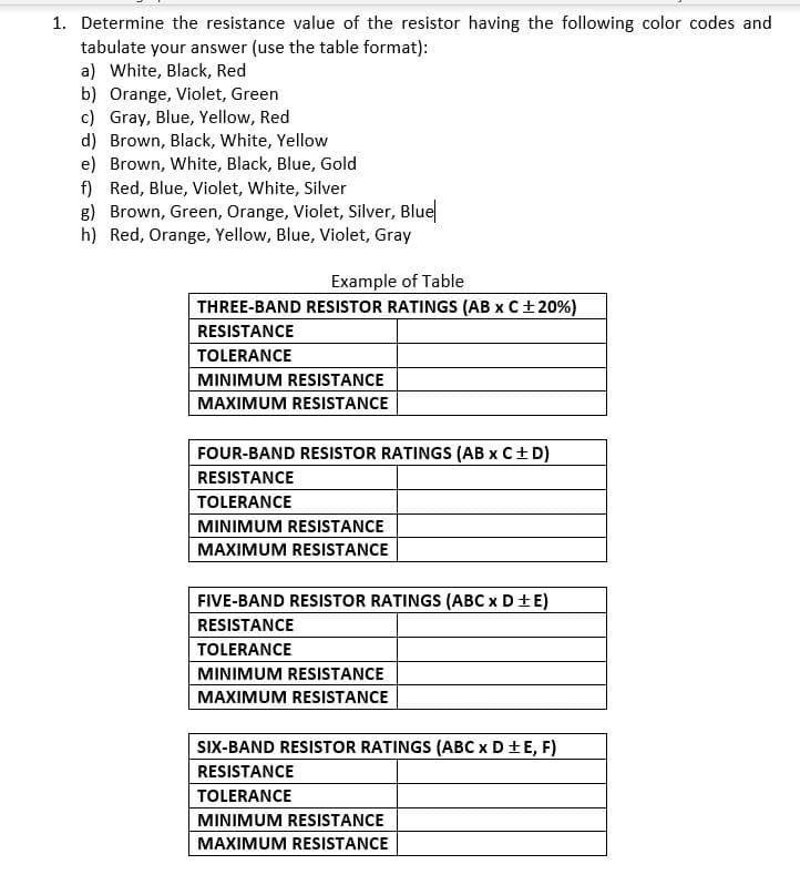 1. Determine the resistance value of the resistor having the following color codes and
tabulate your answer (use the table format):
a) White, Black, Red
b) Orange, Violet, Green
c) Gray, Blue, Yellow, Red
d) Brown, Black, White, Yellow
e) Brown, White, Black, Blue, Gold
f) Red, Blue, Violet, White, Silver
g) Brown, Green, Orange, Violet, Silver, Blue
h) Red, Orange, Yellow, Blue, Violet, Gray
Example of Table
THREE-BAND RESISTOR RATINGS (AB x C+20%)
RESISTANCE
TOLERANCE
MINIMUM RESISTANCE
MAXIMUM RESISTANCE
FOUR-BAND RESISTOR RATINGS (AB x C+ D)
RESISTANCE
TOLERANCE
MINIMUM RESISTANCE
MAXIMUM RESISTANCE
FIVE-BAND RESISTOR RATINGS (ABC x D+E)
RESISTANCE
TOLERANCE
MINIMUM RESISTANCE
MAXIMUM RESISTANCE
SIX-BAND RESISTOR RATINGS (ABC x D+E, F)
RESISTANCE
TOLERANCE
MINIMUM RESISTANCE
MAXIMUM RESISTANCE
