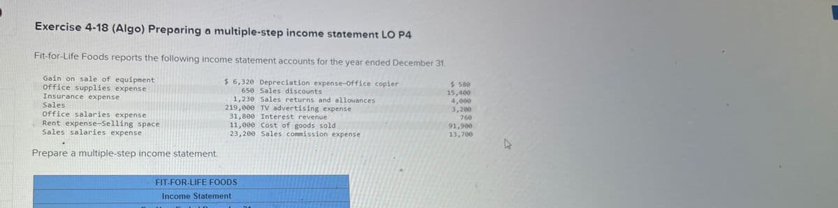 Exercise 4-18 (Algo) Preparing a multiple-step income statement LO P4
Fit-for-Life Foods reports the following income statement accounts for the year ended December 31.
Gain on sale of equipment
office supplies expense
Insurance expense
Sales
office salaries expense
Rent expense-Selling space
Sales salaries expense
Prepare a multiple-step income statement.
$ 6,320 Depreciation expense-Office copier
650 Sales discounts
1,230 Sales returns and allowances
219,000 TV advertising expense
31,800 Interest revenue
11,000 Cost of goods sold
23,200 Sales commission expense
FIT-FOR-LIFE FOODS
Income Statement
$ 580
15,400
4,000
3,200
760
91,900
13,700
k