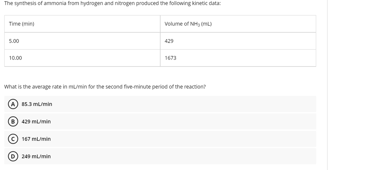 The synthesis of ammonia from hydrogen and nitrogen produced the following kinetic data:
Time (min)
Volume of NH3 (mL)
5.00
429
10.00
1673
What is the average rate in mL/min for the second five-minute period of the reaction?
A
85.3 mL/min
B
429 mL/min
167 mL/min
D
249 mL/min
