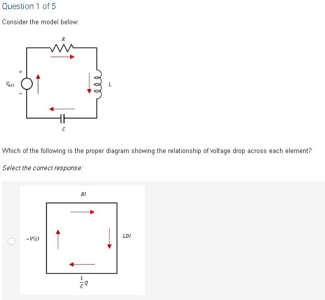 Question 1 of 5
Consider the model below:
Vert
Which of the following is the proper diagram showing the relationship of voltage drop across each element?
Select the correct response:
RI
LDI
-V(t)
