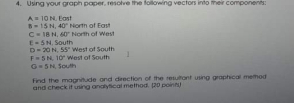 4. Using your graph paper, resolve the following vectors into their components:
A = 10 N, East
B= 15 N, 40 North of East
C- 18 N, 60" North of West
E= 5N, South
D- 20 N, 55 West of South
F-5N, 10" West of South
G- 5N, South
Find the magnitude and direction of the resultant using graphical method
and check it using analytical method. (20 points)
