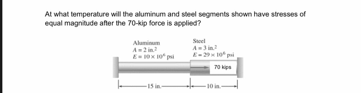 At what temperature will the aluminum and steel segments shown have stresses of
equal magnitude after the 70-kip force is applied?
Aluminum
Steel
A = 2 in.2
E = 10x 106 psi
A = 3 in.2
E = 29 × 106 psi
70 kips
15 in.
10 in.-
