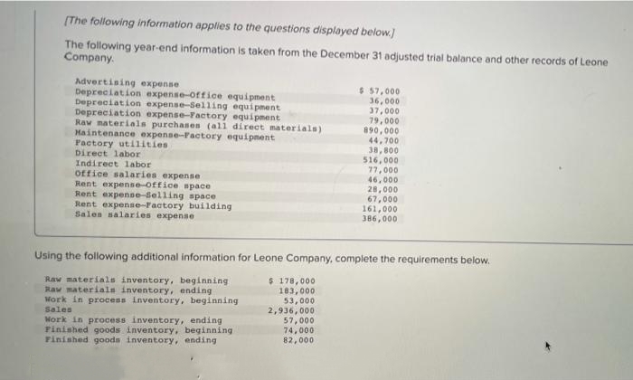 [The following information applies to the questions displayed below.]
The following year-end information is taken from the December 31 adjusted trial balance and other records of Leone
Company.
Advertising expense
Depreciation expense-Office equipment
Depreciation expense-Selling equipment
Depreciation expense-Factory equipment
Raw materials purchases (all direct materials)
Maintenance expense-Factory equipment
Factory utilities
Direct labor
Indirect labor
office salaries expense
Rent expense-Office space
Rent expense-selling space
Rent expense-Factory building
Sales salaries expense
Work in process inventory, ending
Finished goods inventory, beginning.
Finished goods inventory, ending
$ 178,000
183,000
53,000
$ 57,000
36,000
37,000
2,936,000
57,000
74,000
82,000
79,000
890,000
Using the following additional information for Leone Company, complete the requirements below.
Raw materials inventory, beginning
Raw materials inventory, ending
Work in process inventory, beginning
Sales
44,700
38,800
516,000
77,000
46,000
28,000
67,000
161,0
386,000