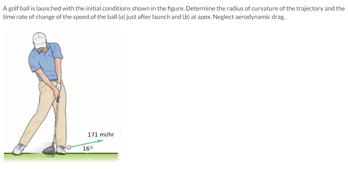 A golf ball is launched with the initial conditions shown in the figure. Determine the radius of curvature of the trajectory and the
time rate of change of the speed of the ball (a) just after launch and (b) at apex. Neglect aerodynamic drag.
171 mi/hr
16°
