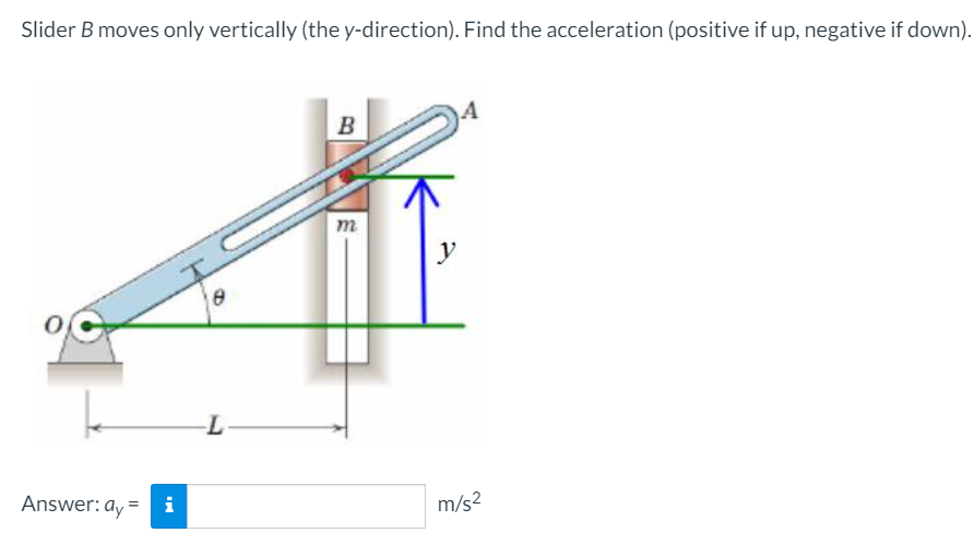 Slider B moves only vertically (the y-direction). Find the acceleration (positive if up, negative if down).
B
m
y
Answer: ay =
i
m/s2
