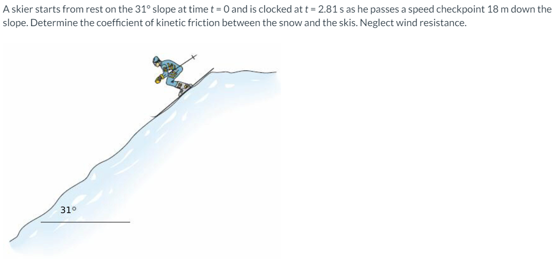 A skier starts from rest on the 31° slope at time t = 0 and is clocked at t = 2.81 s as he passes a speed checkpoint 18 m down the
slope. Determine the coefficient of kinetic friction between the snow and the skis. Neglect wind resistance.
31°
