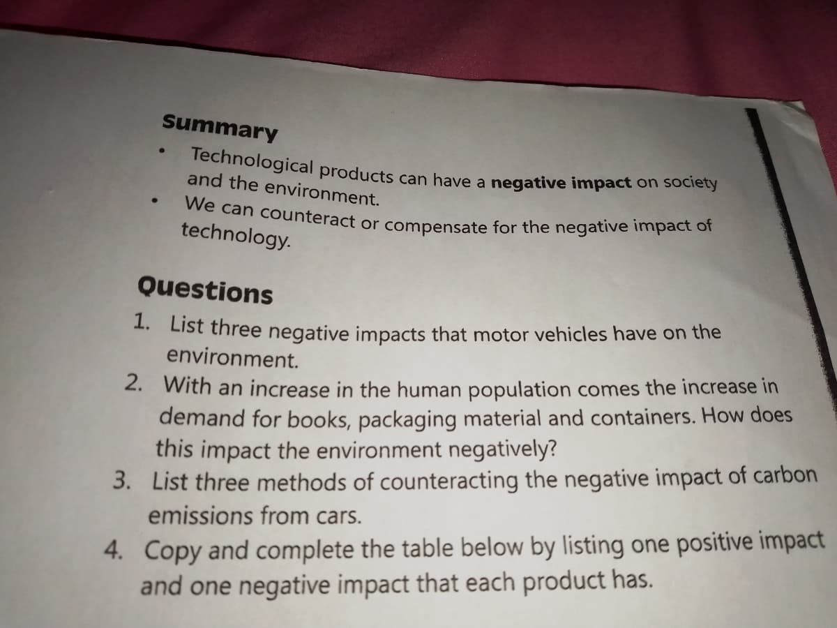 We can counteract or compensate for the negative impact of
Technological products can have a negative impact on society
Summary
and the environment.
technology.
Questions
1. List three negative impacts that motor vehicles have on the
environment.
2. With an increase in the human population comes the increase in
demand for books, packaging material and containers. How does
this impact the environment negatively?
3. List three methods of counteracting the negative impact of carbon
emissions from cars.
4. Copy and complete the table below by listing one positive impact
and one negative impact that each product has.
