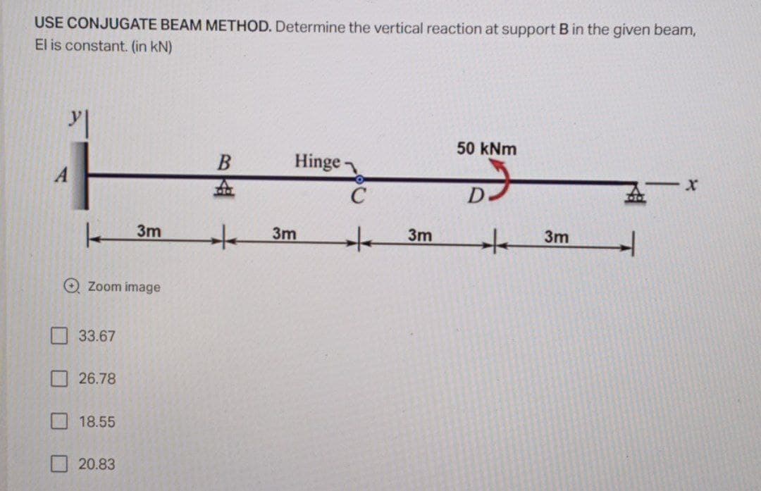 USE CONJUGATE BEAM METHOD. Determine the vertical reaction at support B in the given beam,
El is constant. (in kN)
50 kNm
B
Hinge
盘
De
3m
3m
3m
3m
O Zoom image
33.67
26.78
18.55
20.83
