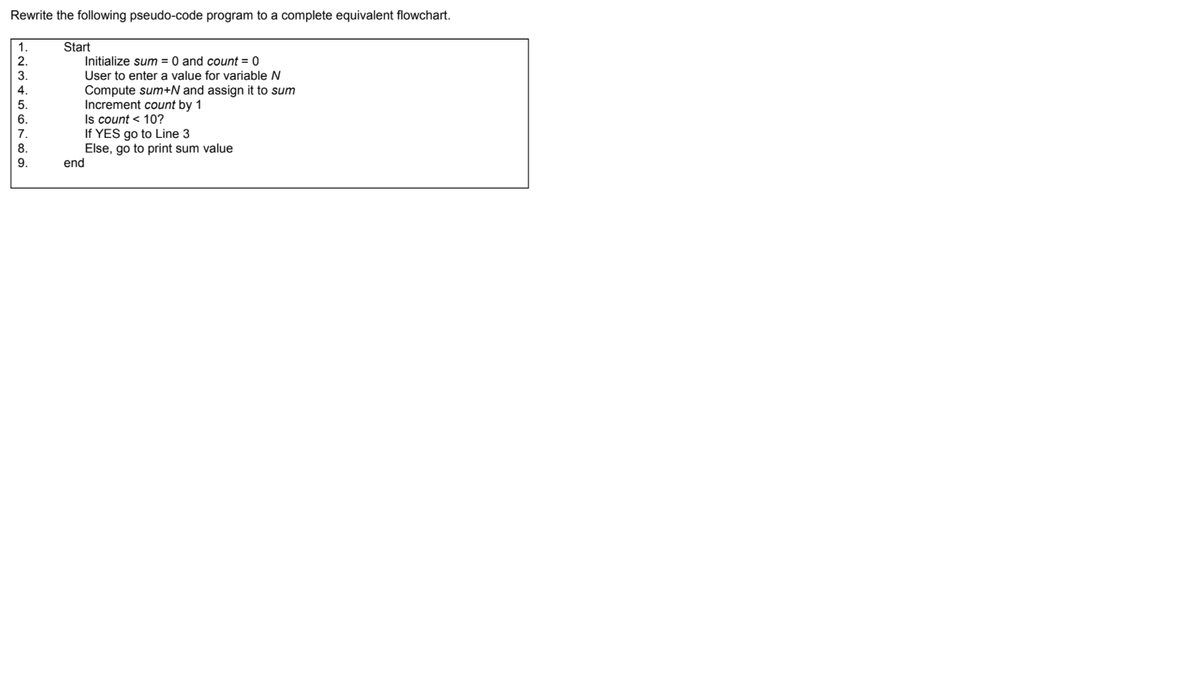 Rewrite the following pseudo-code program to a complete equivalent flowchart.
Start
Initialize sum = 0 and count = 0
User to enter a value for variable N
Compute sum+N and assign it to sum
Increment count by 1
Is count < 10?
If YES go to Line 3
Else, go to print sum value
end
1.
2.
3.
4.
5.
6.
7.
8.
9.
