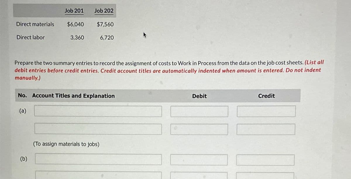 Direct materials
Direct labor
Job 201
(a)
$6,040
(b)
3,360
Job 202
$7,560
Prepare the two summary entries to record the assignment of costs to Work in Process from the data on the job cost sheets. (List all
debit entries before credit entries. Credit account titles are automatically indented when amount is entered. Do not indent
manually.)
No. Account Titles and Explanation
6,720
(To assign materials to jobs)
Debit
Credit
101