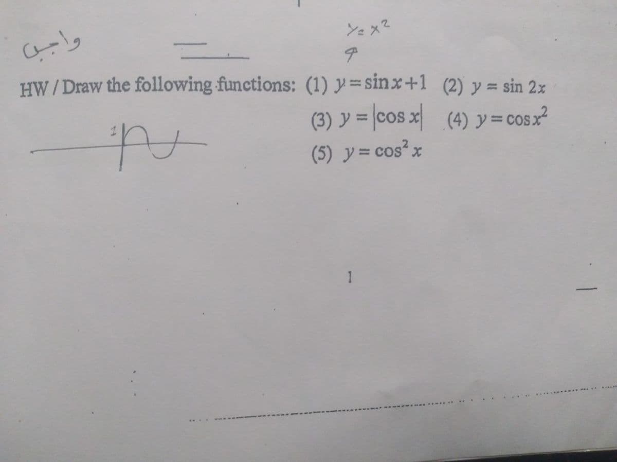 ンx?
HW / Draw the following functions: (1) y= sinx+1 (2) y = sin 2x
(3) y = |cos x (4) y= cos x?
(5) y= cos?x
1
...
