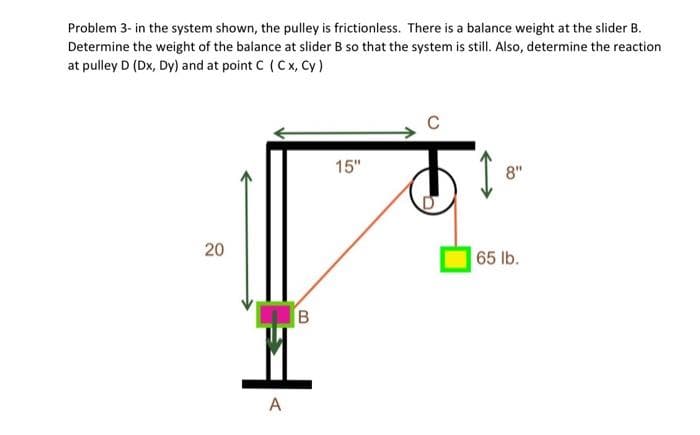 Problem 3- in the system shown, the pulley is frictionless. There is a balance weight at the slider B.
Determine the weight of the balance at slider B so that the system is still. Also, determine the reaction
at pulley D (Dx, Dy) and at point C (Cx, Cy)
20
A
B
15"
1
8"
65 lb.