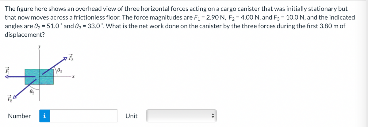 The figure here shows an overhead view of three horizontal forces acting on a cargo canister that was initially stationary but
that now moves across a frictionless floor. The force magnitudes are F1 = 2.90 N, F2 = 4.00 N, and F3 = 10.0 N, and the indicated
angles are 02 = 51.0° and 03 = 33.O°. What is the net work done on the canister by the three forces during the first 3.80 m of
displacement?
%3D
Number
i
Unit
