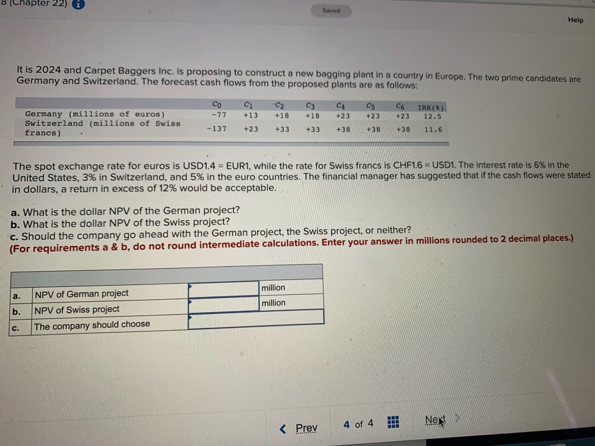 8 (Chapter 22) O
Saved
Help
It is 2024 and Carpet Baggers Inc. is proposing to construct a new bagging plant in a country in Europe. The two prime candidates are
Germany and Switzerland. The forecast cash flows from the proposed plants are as follows:
CO
C1
*C2
C3
C4
C5
C6
IRR (8)
Germany (millions of euros)
Switzerland (millions of Swiss
francs)
-77
+13
+18
+18
+23
+23
+23
12.5
-137
+23
+33
+33
+38
+38
+38
11.6
The spot exchange rate for euros is USD1.4 = EUR1, while the rate for Swiss francs is CHF1.6 = USD1. The interest rate is 6% in the
United States, 3% in Switzerland, and 5% in the euro countries. The financial manager has suggested that if the cash flows were stated
in dollars, a return in excess of 12% would be acceptable.
a. What is the dollar NPV of the German project?
b. What is the dollar NPV of the Swiss project?
c. Should the company go ahead with the German project, the Swiss project, or neither?
(For requirements a & b, do not round intermediate calculations. Enter your answer in millions rounded to 2 decimal places.)
million
a.
NPV of German project
million
b.
NPV of Swiss project
C.
The company should choose
4 of 4
Nex
< Prev
