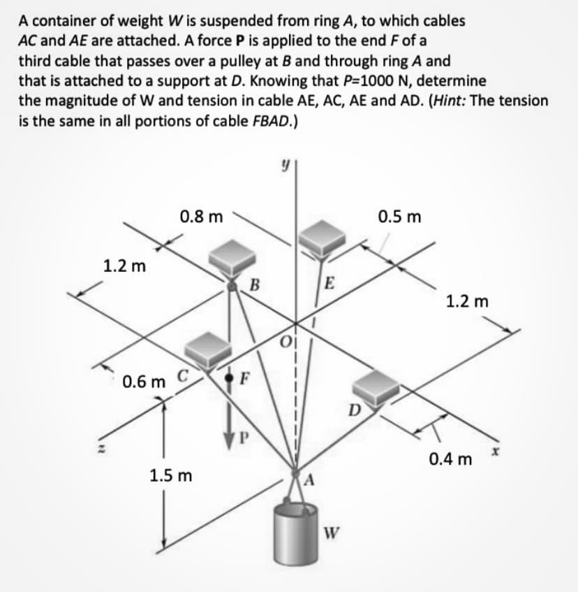 A container of weight W is suspended from ring A, to which cables
AC and AE are attached. A force P is applied to the end F of a
third cable that passes over a pulley at B and through ring A and
that is attached to a support at D. Knowing that P-1000 N, determine
the magnitude of W and tension in cable AE, AC, AE and AD. (Hint: The tension
is the same in all portions of cable FBAD.)
0.8 m
0.5 m
1.2 m
B
1.2 m
0.6 m
C
F
P.
0.4 m
1.5 m
W
