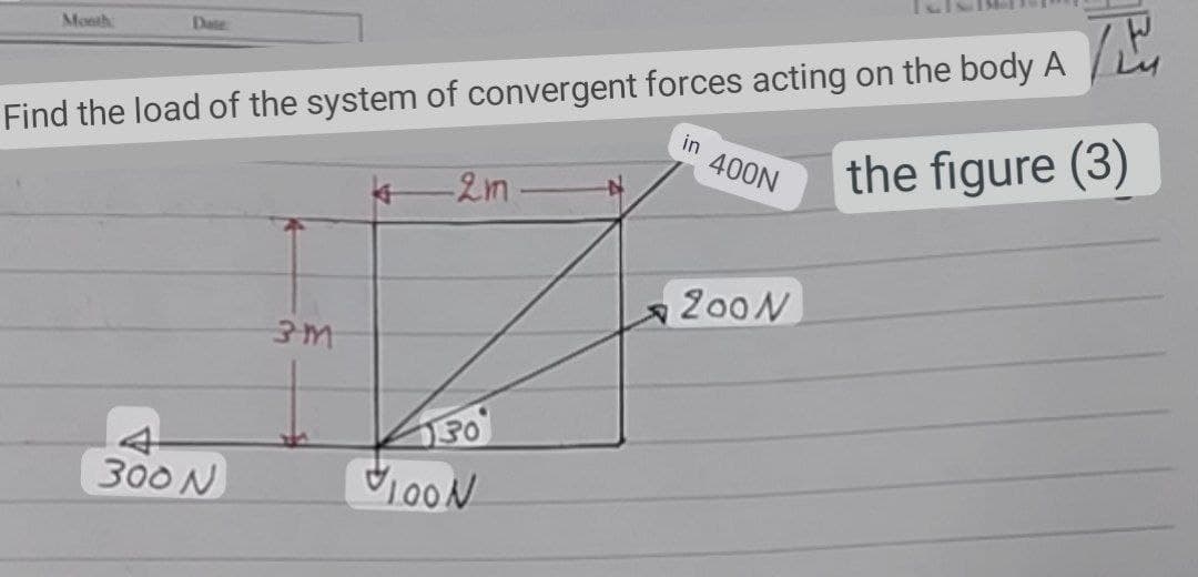 Month
Date:
Wy
Find the load of the system of convergent forces acting on the body A
in 400N
the figure (3)
-2m-
3M
300 N
30
100N
200 N