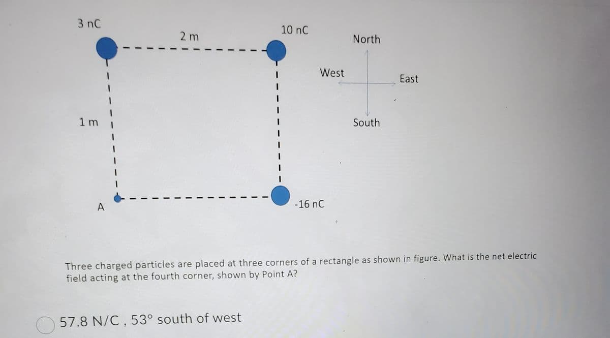 3 nC
1 m
A
1
2 m
10 nC
57.8 N/C, 53° south of west
West
-16 nC
North
South
East
Three charged particles are placed at three corners of a rectangle as shown in figure. What is the net electric
field acting at the fourth corner, shown by Point A?