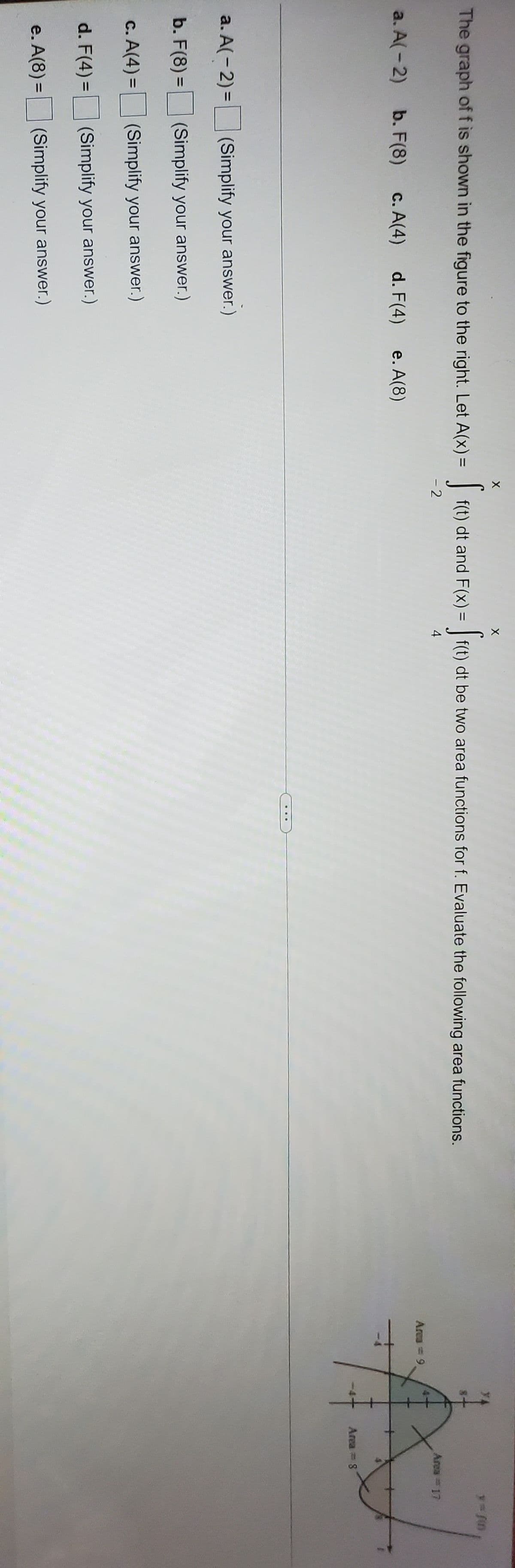 X
The graph of f is shown in the figure to the right. Let A(x) =
| f(t) dt and F(x) = | f(t) dt be two area functions for f. Evaluate the following area functions.
- 2
4
Ares 17
Area = 9,
a. A(- 2)
b. F(8)
C. A(4)
d. F(4)
e. A(8)
Area 8
a. A(-2) = (Simplify your answer.)
b. F(8) = (Simplify your answer.)
c. A(4) = (Simplify your answer.)
d. F(4) =
(Simplify your answer.)
e. A(8) = (Simplify your answer.
