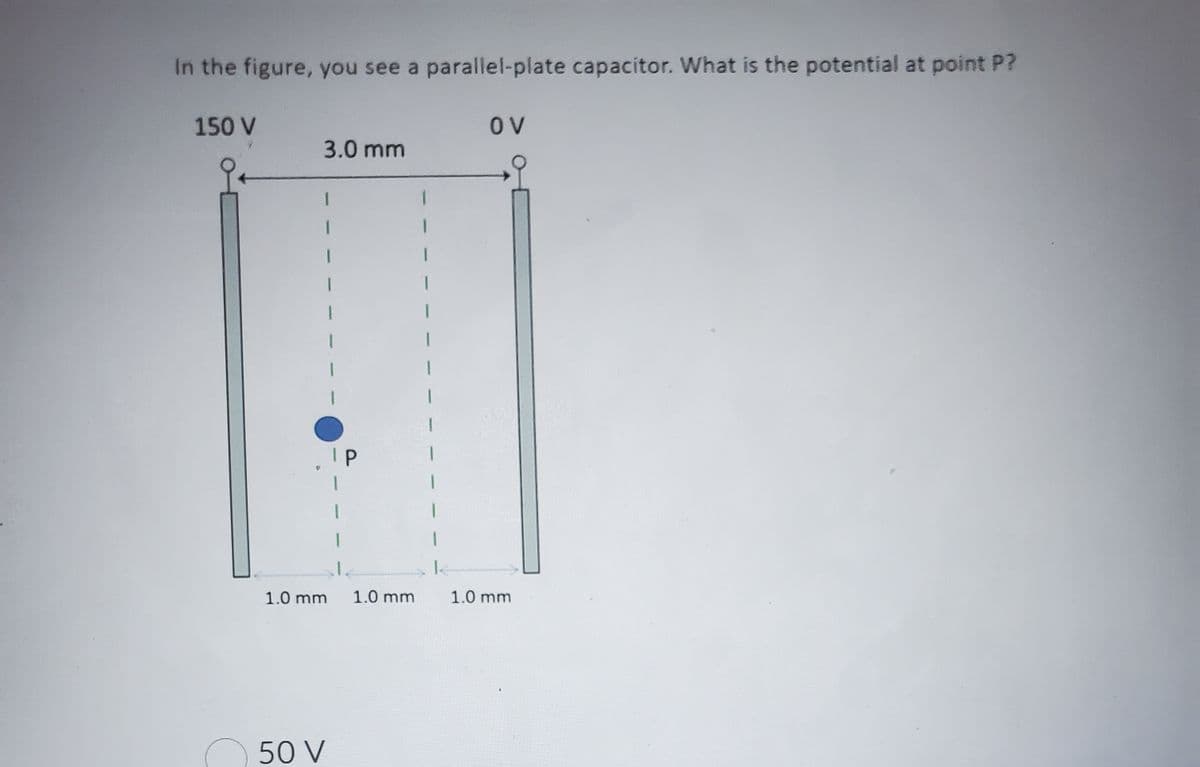 In the figure, you see a parallel-plate capacitor. What is the potential at point P?
150 V
3.0 mm
1
IP
50 V
I
1.0 mm 1.0 mm
1
I
1
OV
1.0 mm