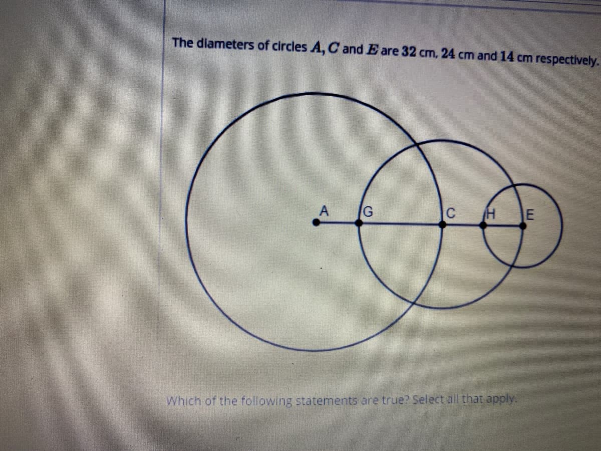 The dlameters of circles A, C and E are 32 cm, 24 cm and 14 cm respectively.
G.
E
Which of the following statements are true? Select all that apply.
