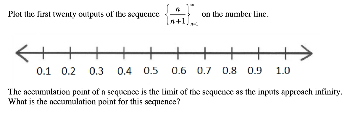 Plot the first twenty outputs of the sequence
n
n+1)
- +
0.1 0.2 0.3 0.4 0.5 0.6
∞
n=1
on the number line.
4
0.6 0.7 0.8 0.9 1.0
The accumulation point of a sequence is the limit of the sequence as the inputs approach infinity.
What is the accumulation point for this sequence?